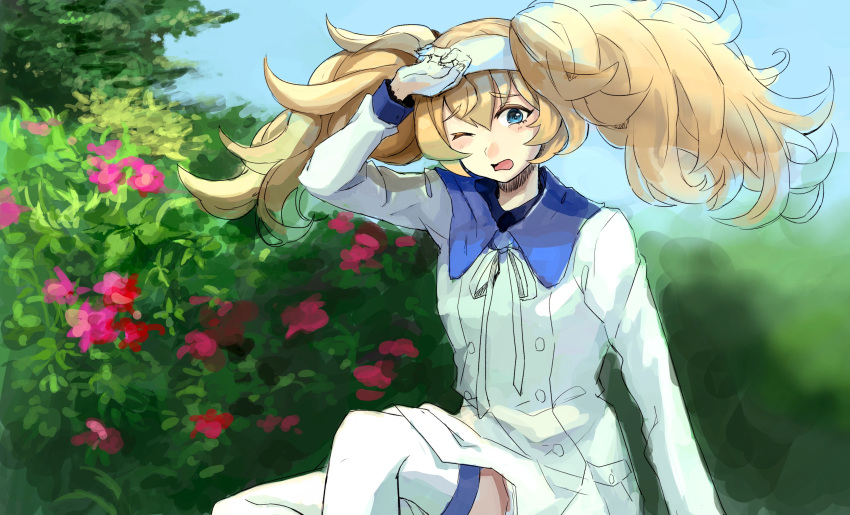 1girl absurdres alternate_costume bangs blonde_hair blue_eyes bush day dress eyebrows_visible_through_hair fallen_down flower gambier_bay_(kantai_collection) hagioshi hair_between_eyes hairband highres kantai_collection long_hair long_sleeves one_eye_closed outdoors pink_flower sky solo thigh-highs twintails wavy_hair white_dress white_hairband white_legwear