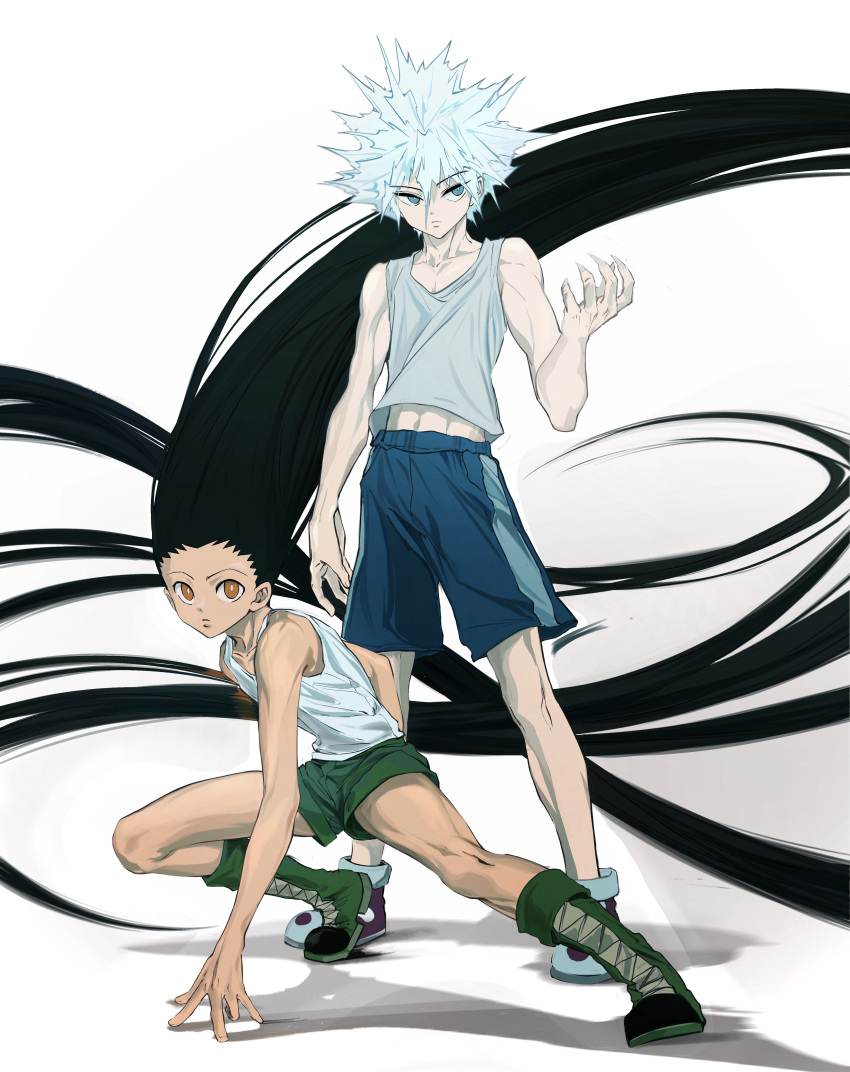 2boys absurdres bare_arms bare_shoulders black_hair blue_eyes blue_shorts boots brown_eyes child expressionless fighting_stance floating_hair full_body glowing glowing_hair gon_freecss green_footwear green_shorts highres hunter_x_hunter k.g_(matsumoto_zo) killua_zoldyck knee_boots long_hair male_focus messy_hair midriff_peek multiple_boys serious short_hair shorts silver_hair skinny spiky_hair spoilers spread_legs tank_top toned toned_male very_long_hair white_background white_hair white_tank_top