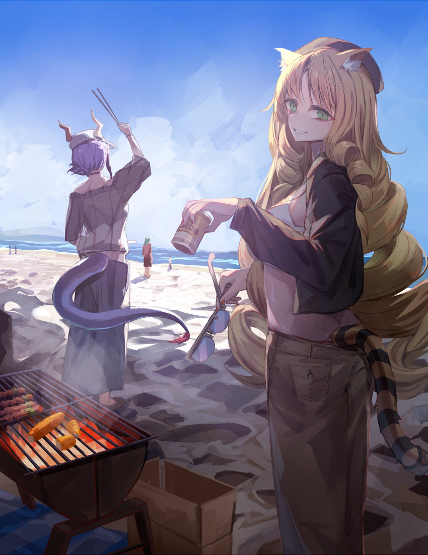 3girls alcohol animal_ears arknights barbecue beer beer_can blonde_hair blue_hair can ch'en_(arknights) dragon_tail drill_hair food green_eyes grill grilling highres holding holding_can horns hoshiguma_(arknights) looking_at_viewer miyabino_(miyabi1616) multiple_girls outdoors smile sunglasses swire_(arknights) tail tiger_ears tiger_tail tongs twin_drills