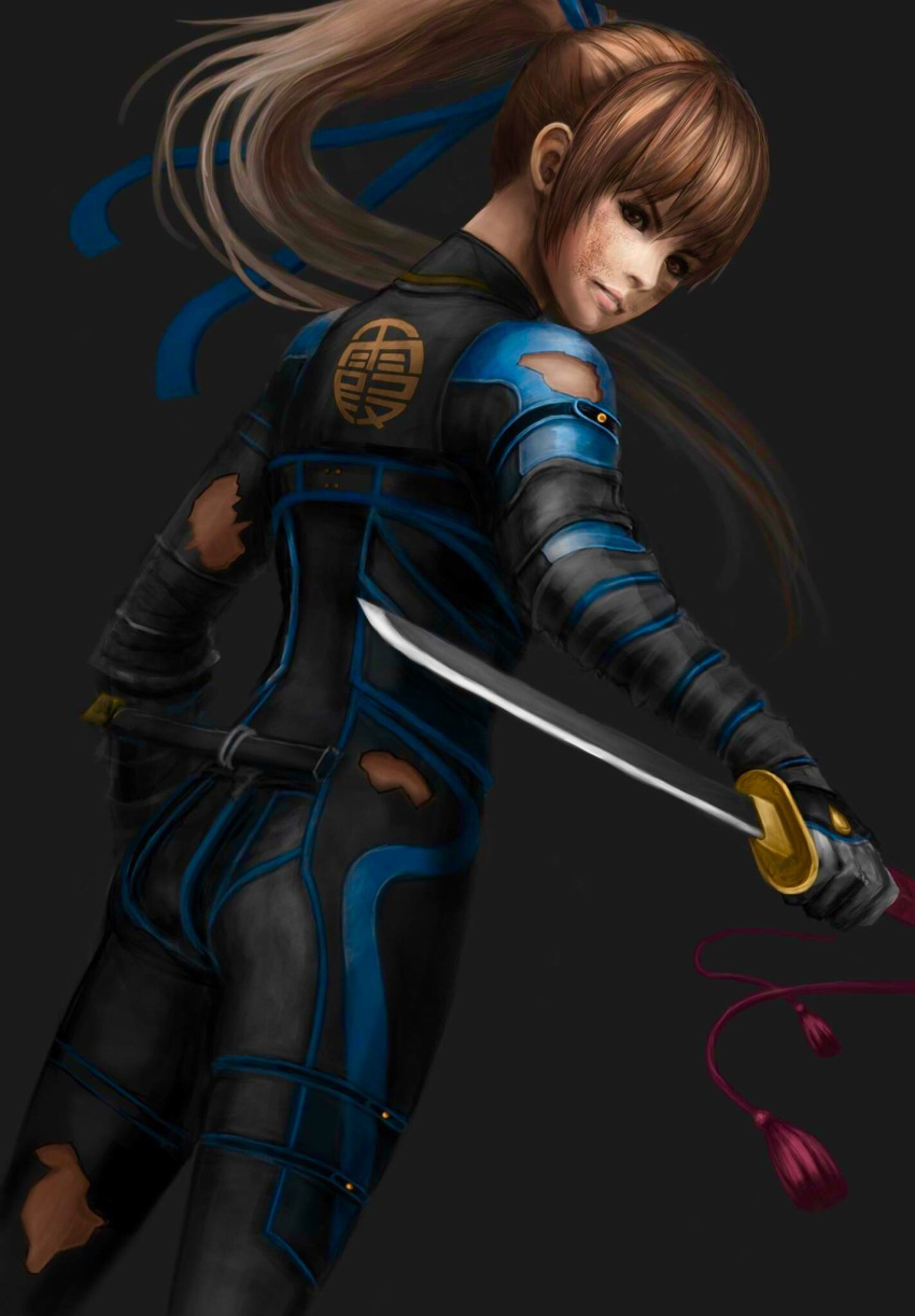 1girl bangs black_background black_bodysuit blue_ribbon bodysuit brown_eyes brown_hair bruise bruise_on_face dead_or_alive dutch_angle eyebrows_visible_through_hair floating_hair from_behind hair_between_eyes hair_ribbon high_ponytail highres holding holding_sword holding_weapon injury jack_(kairuhaido) kasumi_(doa) long_hair looking_at_viewer looking_back parted_lips ribbon shiny shiny_hair solo standing sword torn_clothes weapon