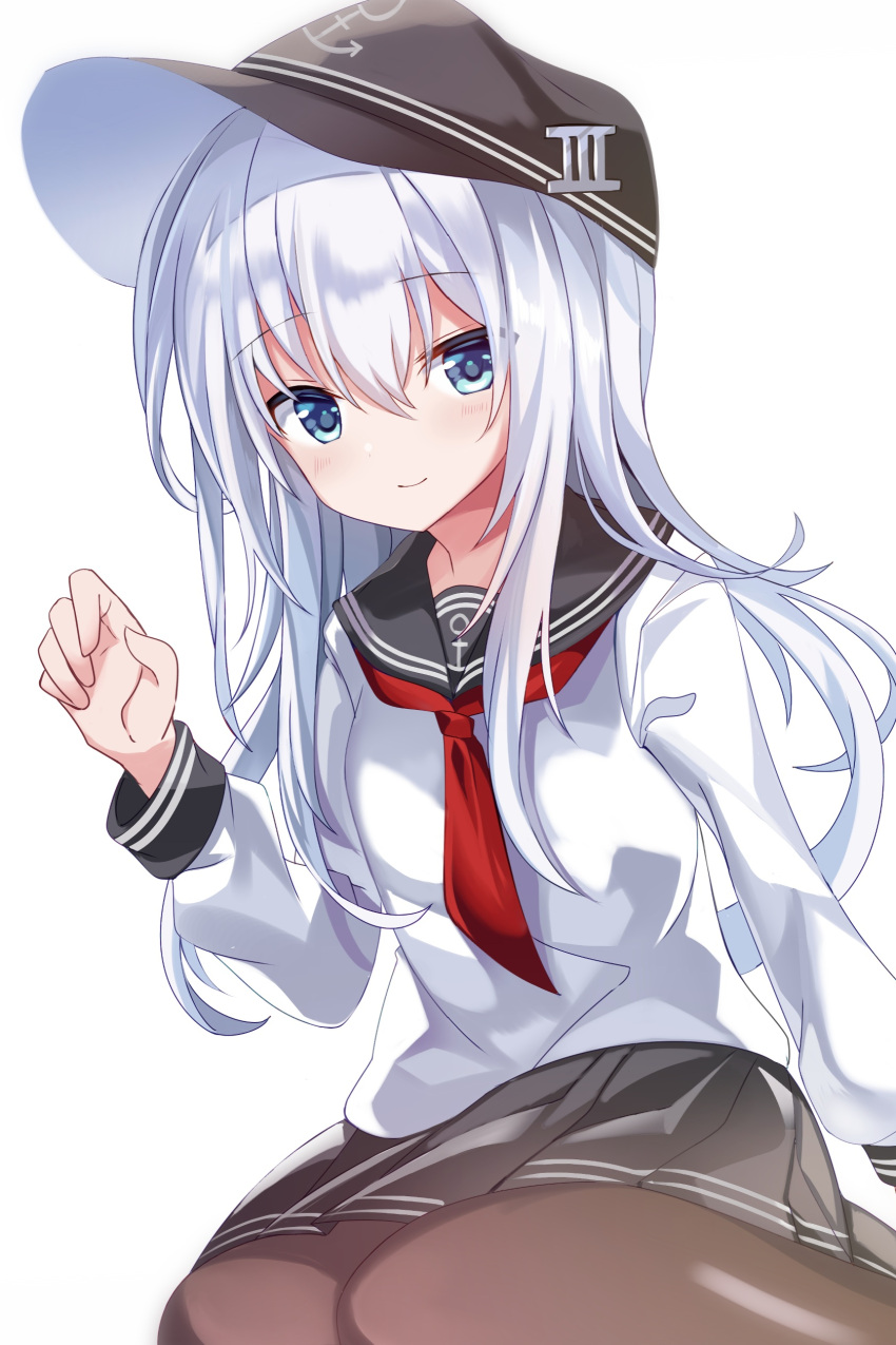 1girl absurdres anchor_symbol black_legwear black_sailor_collar black_skirt blue_eyes clenched_hand commentary_request eyebrows eyebrows_visible_through_hair fathom flat_cap hand_up hat hibiki_(kantai_collection) highres kantai_collection long_hair looking_at_viewer neckerchief pantyhose pleated_shirt pleated_skirt red_neckwear sailor_collar school_uniform serafuku shirt sidelocks silver_hair simple_background sitting skirt smile solo wariza white_background white_shirt