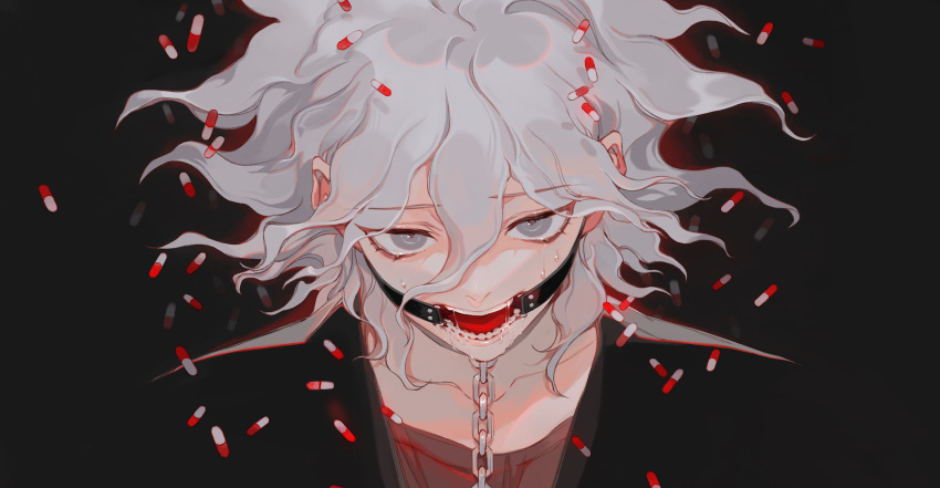 bangs bdsm chain collarbone commentary_request dangan_ronpa_(series) dangan_ronpa_another_episode:_ultra_despair_girls face gloves grey_eyes highres komaeda_nagito looking_at_viewer male_focus medium_hair messy_hair open_mouth pill red_shirt saliva shirt solo teeth upper_body white_hair xiwang_xintu