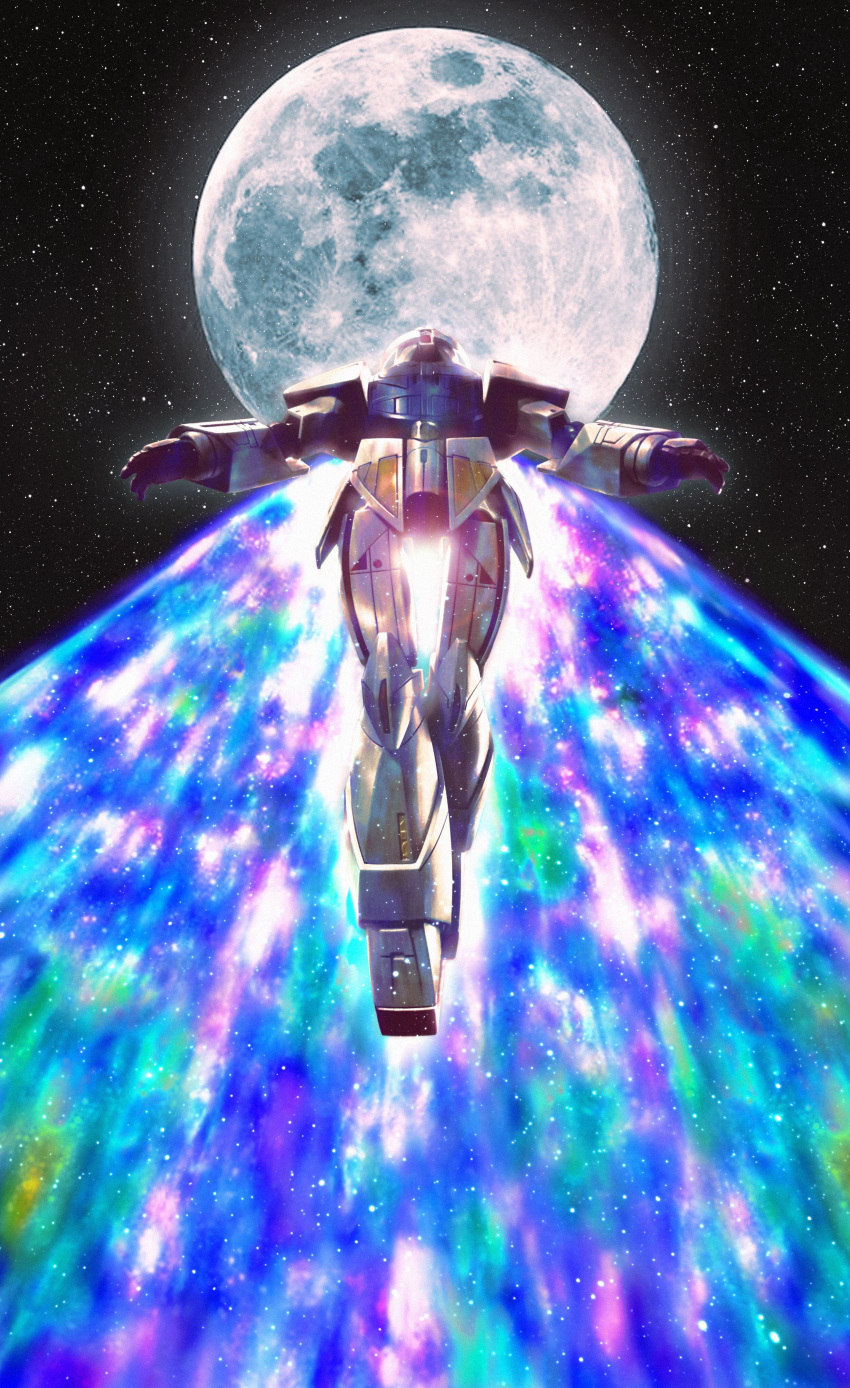 absurdres flying from_below gundam highres mecha moon moonlight_butterfly no_humans science_fiction sky solo space star_(sky) starry_sky tom_liu turn_a_gundam turn_a_gundam_(mobile_suit)