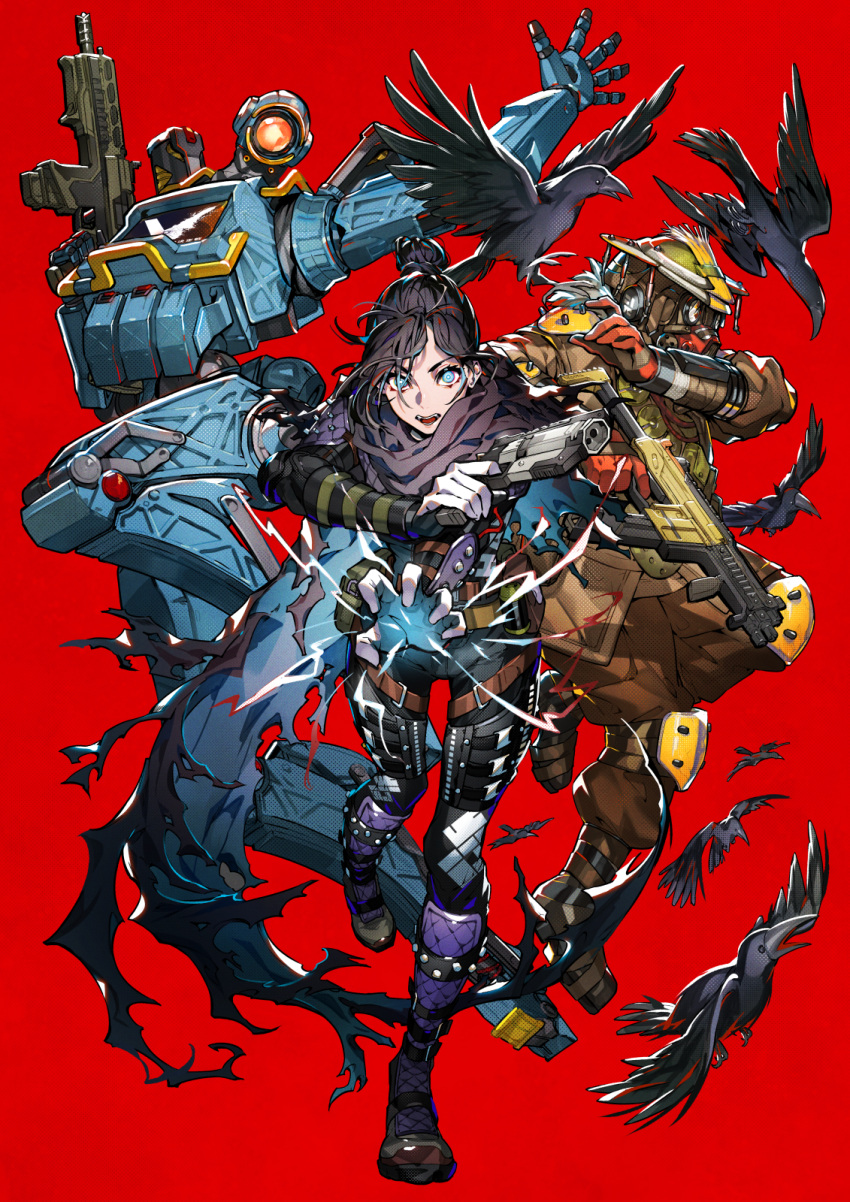 apex_legends assault_rifle bird black_hair blue_eyes bodysuit bright_pupils cape character_request crow finger_on_trigger gun hair_bun handgun hat highres holding holding_gun holding_weapon looking_at_viewer mika_pikazo open_mouth pistol red_background rifle robot simple_background standing standing_on_one_leg torn_cape torn_clothes weapon white_pupils