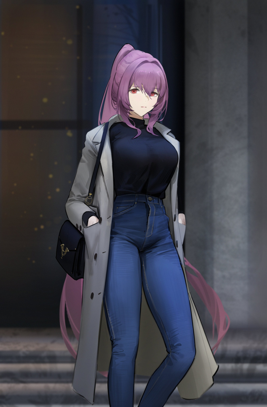 1girl absurdres bag blue_legwear blue_sweater blurry blurry_background breasts building closed_mouth denim dokshuri fate/grand_order fate_(series) feet_out_of_frame grey_jacket hair_between_eyes hair_intakes hands_in_pockets highres jacket jeans large_breasts long_hair long_jacket long_sleeves looking_at_viewer open_clothes open_jacket outdoors pants ponytail purple_hair red_eyes scathach_(fate)_(all) scathach_(fate/grand_order) shirt_tucked_in shoulder_bag solo stairs sweater thighs turtleneck turtleneck_sweater very_long_hair