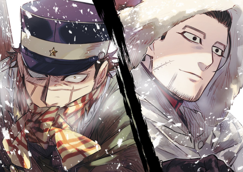 2boys beard black_eyes black_gloves black_hair black_headwear closed_mouth constricted_pupils covered_mouth facial_hair gloves golden_kamuy hair_slicked_back hat highres hood hood_up looking_at_viewer looking_away male_focus military_hat multiple_boys ogata_hyakunosuke oziozi_kamuy profile scar scar_on_face scarf short_hair smile snowing split_screen sugimoto_saichi winter_clothes yellow_eyes yellow_scarf