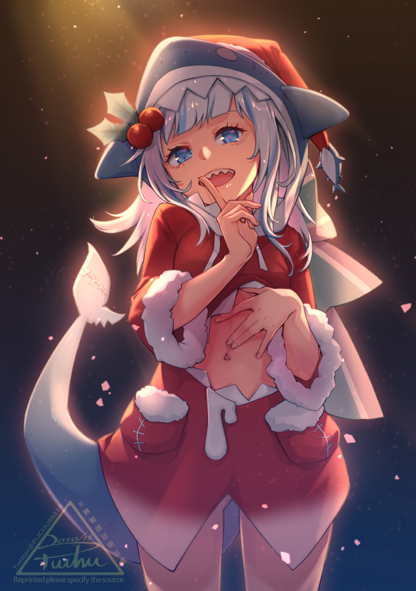 1girl animal_hood bangs blue_eyes blue_hair breasts commentary_request cowboy_shot fish_tail fur_trim gawr_gura hair_ornament hat highres hololive hololive_english hood long_hair long_sleeves looking_at_viewer merry_christmas midriff multicolored_hair navel open_mouth puchu_huang santa_costume shark_hood sharp_teeth silver_hair smile solo stomach streaked_hair tail teeth virtual_youtuber