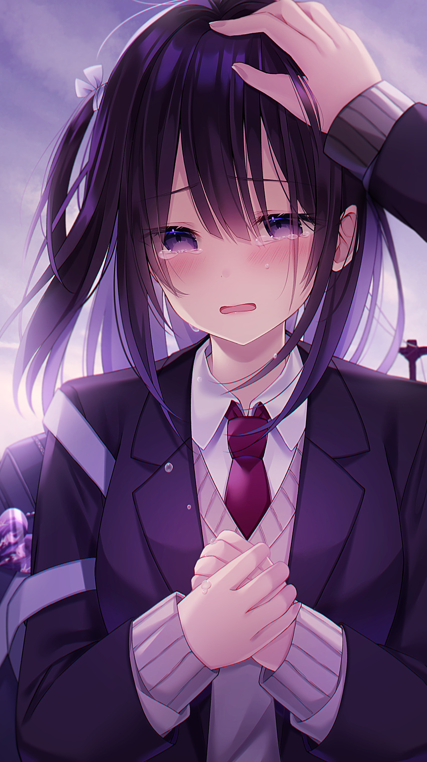 1girl absurdres bag beige_sweater black_jacket blush bow commentary eyebrows_visible_through_hair hair_between_eyes hair_bow hand_on_another's_head hands_together highres huge_filesize jacket kuro_namako long_hair long_sleeves looking_at_viewer necktie open_mouth original outdoors pov purple_hair red_neckwear ren_(iron_saga) school_bag shirt side_ponytail tears uniform violet_eyes white_bow white_shirt