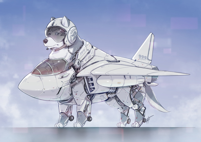 aircraft airplane dog eko999 english_commentary fighter_jet headset helmet highres husky jet looking_ahead military military_vehicle no_humans original smoke solo standing