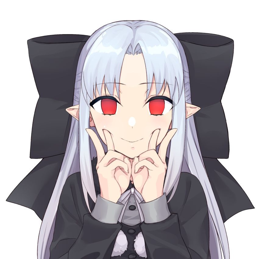 1girl apo_(apos2721) black_bow black_dress bow commentary double_v dress empty_eyes fingersmile forced_smile hair_bow highres large_bow len_(tsukihime) long_hair long_sleeves pointy_ears pose red_eyes simple_background smile solo tsukihime v white_background white_hair