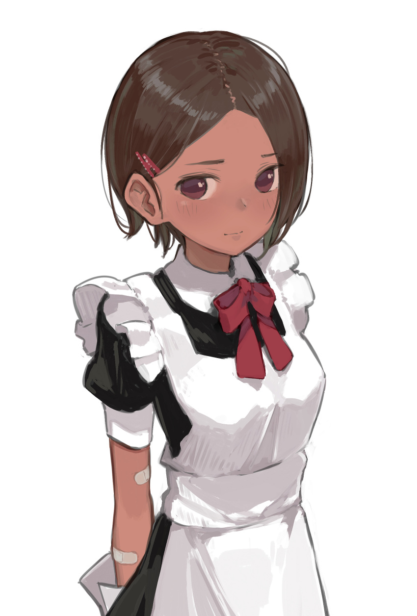 1girl absurdres apron arms_behind_back bandaid bandaid_on_arm black_dress brown_eyes brown_hair closed_mouth commentary_request dark_skin dress frilled_apron frills hair_ornament hairclip highres looking_at_viewer minamito original puffy_short_sleeves puffy_sleeves red_ribbon ribbon short_hair short_sleeves simple_background solo white_apron white_background