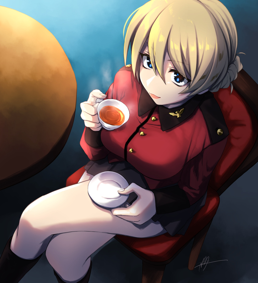 1girl bangs black_footwear black_skirt blonde_hair blue_eyes boots braid commentary crossed_legs cup darjeeling_(girls_und_panzer) epaulettes from_above girls_und_panzer highres holding holding_cup holding_saucer jacket long_sleeves military military_uniform miniskirt nmz_(namazu) pleated_skirt red_jacket saucer short_hair sitting skirt solo st._gloriana's_military_uniform teacup tied_hair twin_braids uniform