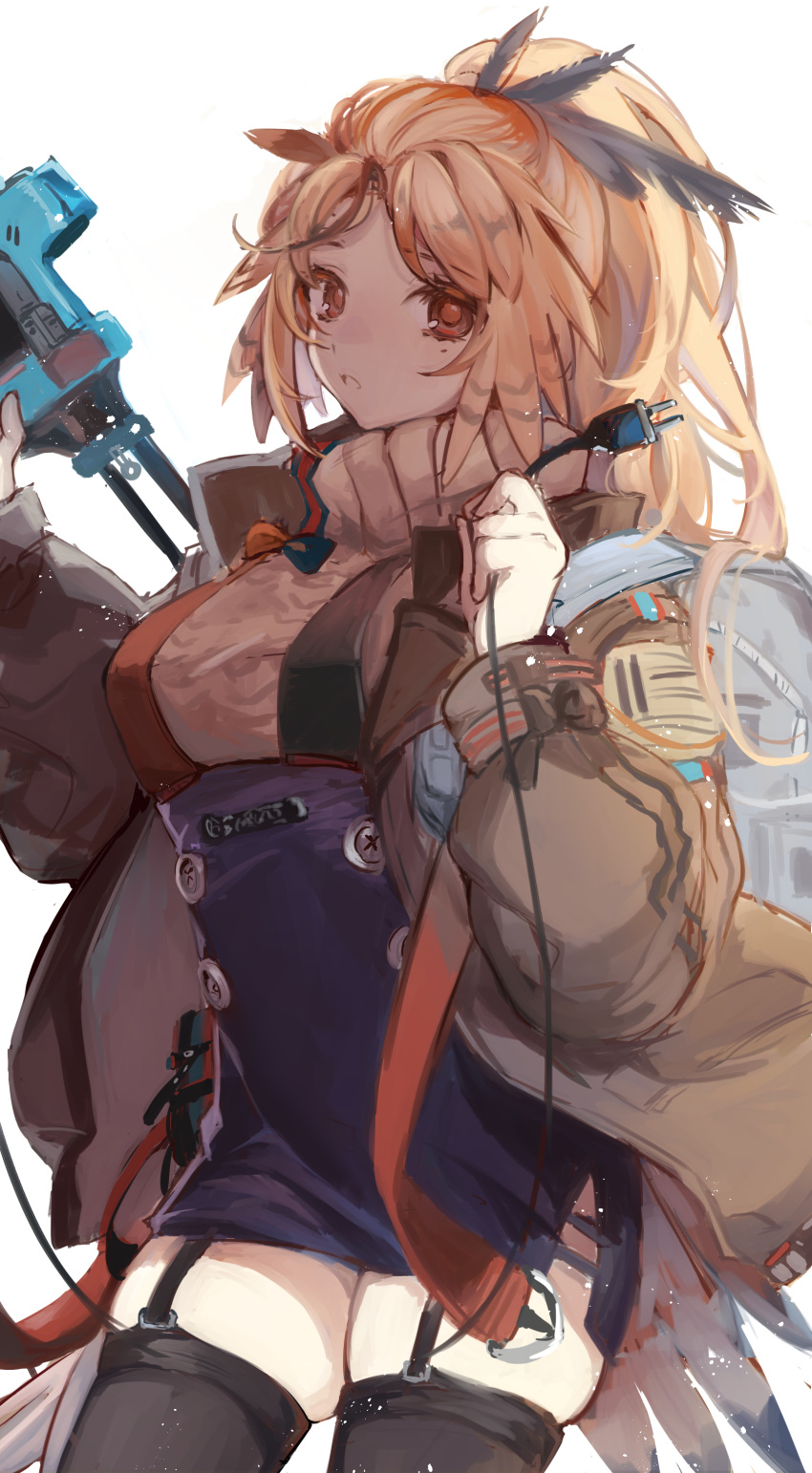absurdres aran_sweater arknights backpack bag beige_sweater black_legwear blonde_hair blue_skirt breasts brown_jacket chinese_commentary cowboy_shot eyebrows_visible_through_hair feather_hair garter_straps gun high-waist_skirt highres holding holding_cable holding_gun holding_weapon jacket large_breasts long_hair looking_at_viewer miniskirt mole mole_under_eye nailgun open_clothes open_jacket orange_eyes pinecone_(arknights) plug ponytail simple_background skindentation skirt sweater syuyu0220 thigh-highs thighs tied_hair turtleneck turtleneck_sweater weapon white_background