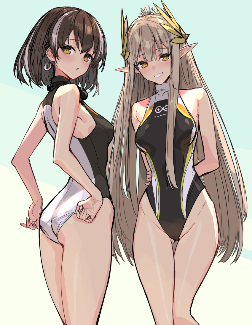2girls alternate_costume arknights arms_behind_back black_swimsuit blush breasts brown_hair covered_navel cowboy_shot earrings eyebrows_visible_through_hair facing_away feathers gradient gradient_background groin hair_feathers highres jewelry long_hair looking_at_viewer magallan_(arknights) medium_breasts muelsyse_(arknights) multicolored_hair multiple_girls open_mouth pointy_ears rhine_lab_logo short_hair sigm@ smile streaked_hair swimsuit teeth very_long_hair yellow_eyes