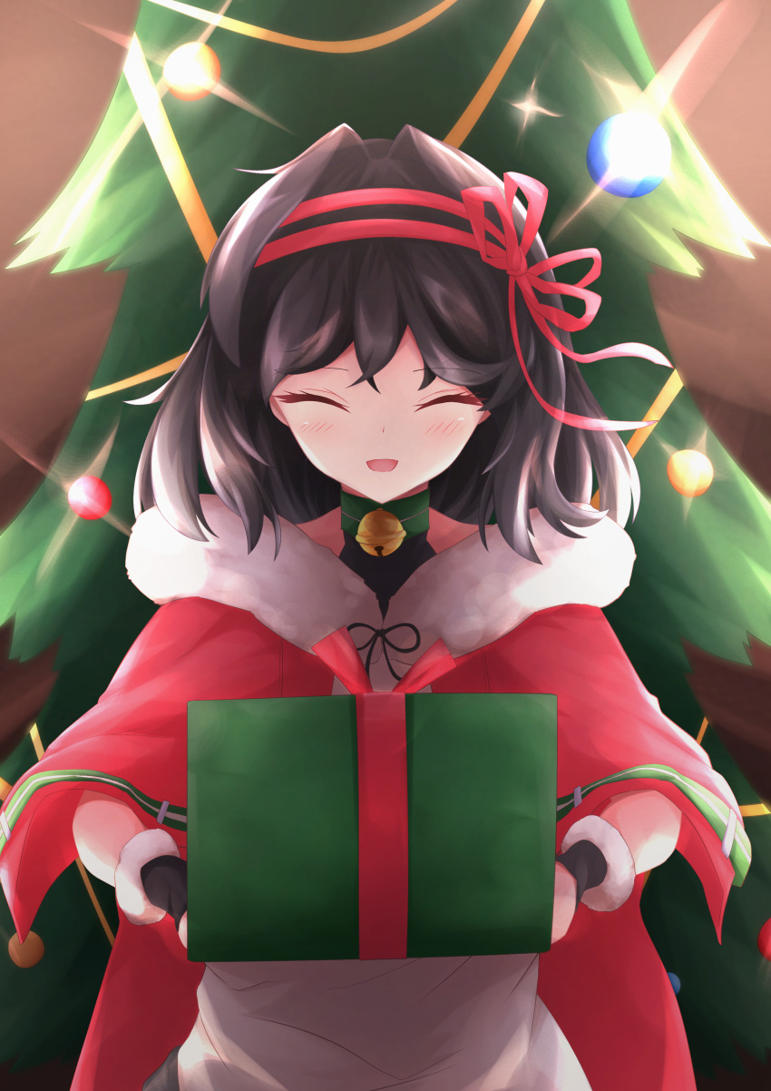 1girl :d ^_^ absurdres azur_lane bangs bell bell_choker black_gloves black_hair blush choker christmas_tree cloak closed_eyes commentary_request cooper_(azur_lane) cooper_(heartwarming_holiday_hearth)_(azur_lane) eyebrows_visible_through_hair fingerless_gloves fur-trimmed_cloak fur-trimmed_gloves fur_trim gift glint gloves hair_between_eyes hair_intakes hair_ribbon hairband highres holding holding_gift incoming_gift medium_hair official_alternate_costume open_mouth osatou_(soul_of_sugar) pink_hairband red_cloak ribbon shirt short_hair sidelocks smile solo standing upper_body white_shirt