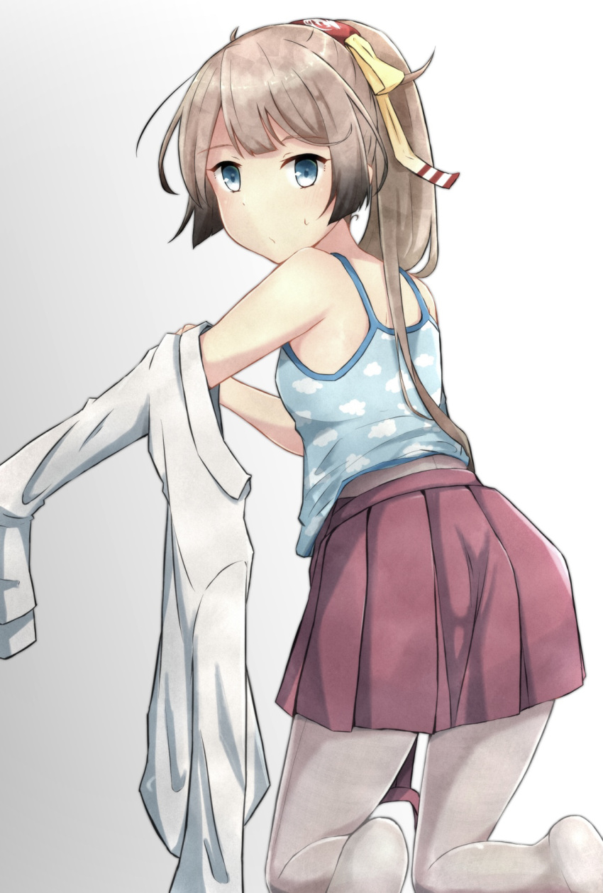 1girl blue_camisole brown_hair camisole cloud_print commentary_request cowboy_shot dress_shirt from_behind gradient gradient_background grey_background grey_eyes grey_legwear hair_ribbon highres kantai_collection kazagumo_(kantai_collection) kneeling kure_jirou long_hair long_sleeves looking_at_viewer looking_back pantyhose ponytail purple_skirt ribbon shirt skirt solo undressing white_background white_shirt