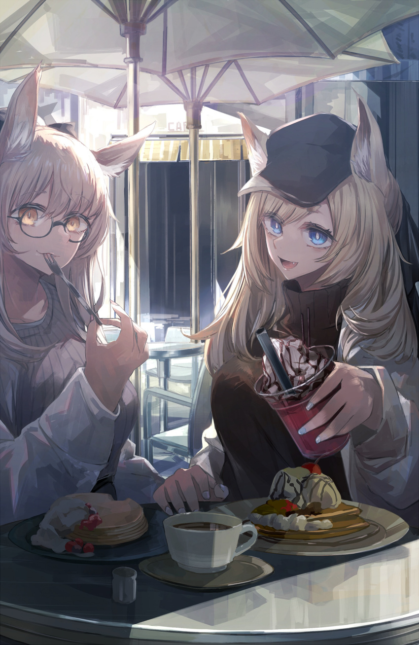 2girls absurdres animal_ears arknights blemishine_(arknights) blue_eyes cafe coffee coffee_cup cup disposable_cup drinking_straw eating food fork glasses grey_nails hat highres jacket looking_at_viewer miyabino_(miyabi1616) multiple_girls outdoors pancake patio_umbrella restaurant sitting smile smoothie sweater table teacup umbrella utensil_in_mouth whipped_cream whislash_(arknights) yellow_eyes