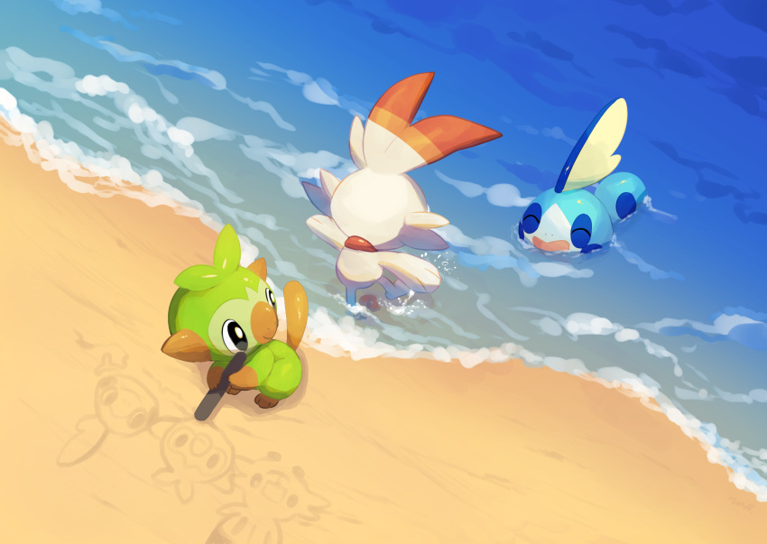 closed_eyes commentary_request drawing from_above gen_8_pokemon grookey highres holding holding_stick nullma open_mouth paws pokemon pokemon_(creature) sand scorbunny shore sobble standing starter_pokemon_trio stick toes tongue water