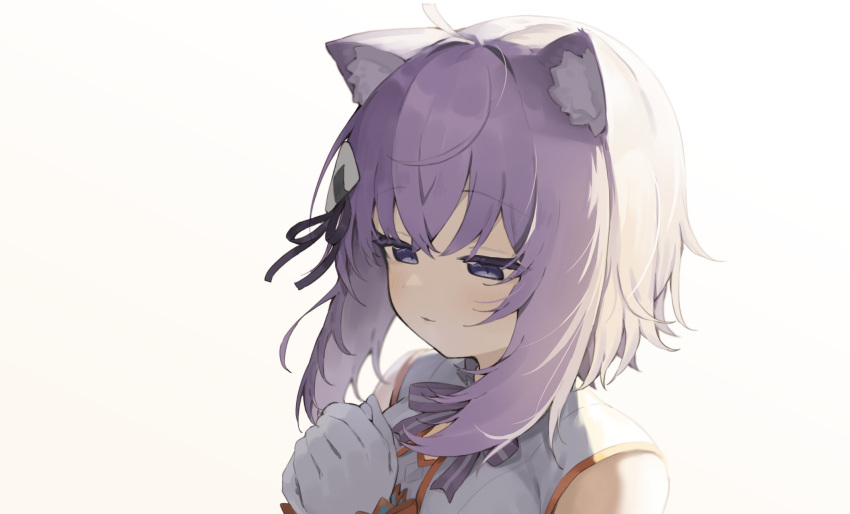 1girl ahoge animal_ear_fluff animal_ears bangs bare_shoulders black_ribbon cat_ears commentary_request eyebrows_visible_through_hair food_themed_hair_ornament gloves hair_between_eyes hair_ornament hair_ribbon hands_together hands_up highres hololive nekomata_okayu own_hands_together parted_lips purple_hair ribbon seramikku shirt simple_background sleeveless sleeveless_shirt solo upper_body violet_eyes virtual_youtuber white_background white_gloves white_shirt