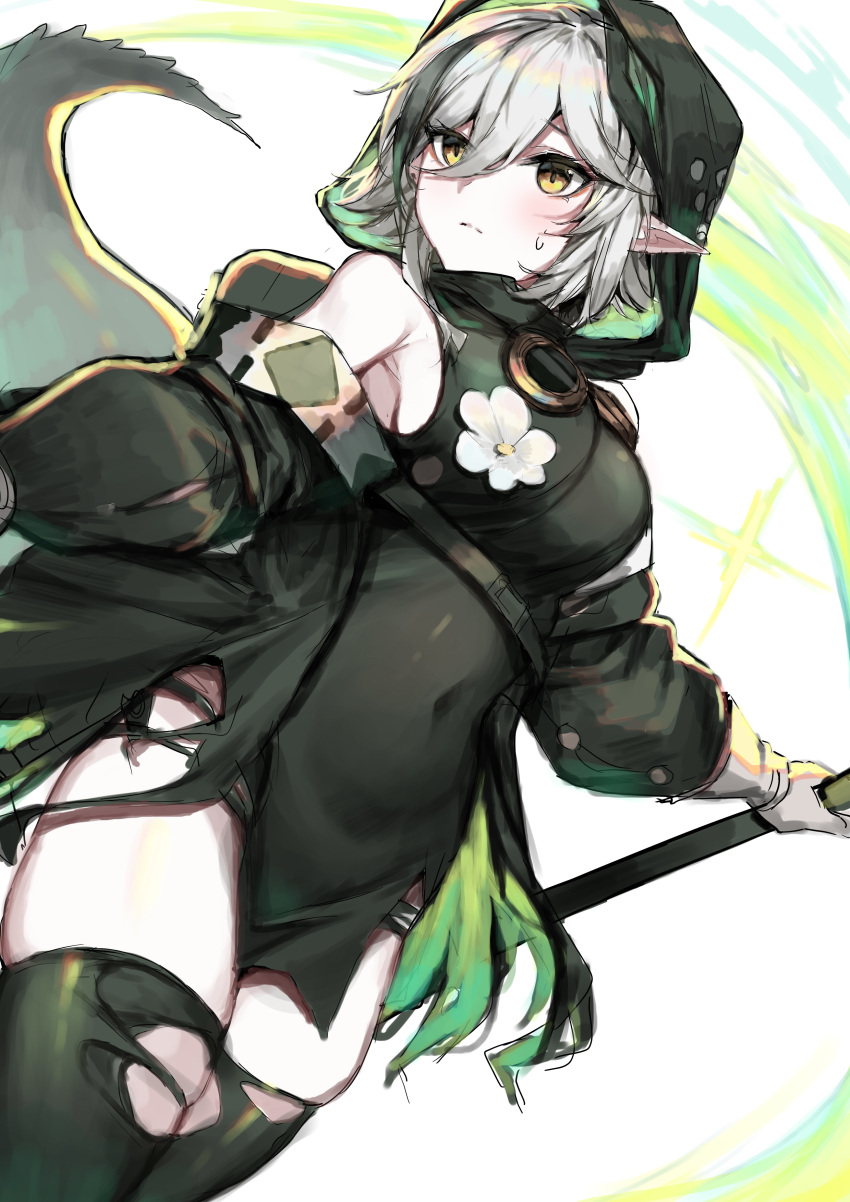 1girl absurdres arknights black_dress black_legwear blush breasts closed_mouth covered_navel cowboy_shot crocodilian_tail detached_sleeves dress dutch_angle flower gloves goggles goggles_around_neck green_hair hair_between_eyes highres holding holding_staff hood medium_breasts molyb multicolored_hair originium_arts_(arknights) panty_straps pelvic_curtain pointy_ears short_dress short_hair silver_hair simple_background solo staff streaked_hair sweatdrop tail thigh-highs thighs tomimi_(arknights) torn_clothes torn_legwear turtleneck_dress two-tone_hair white_background white_gloves yellow_eyes