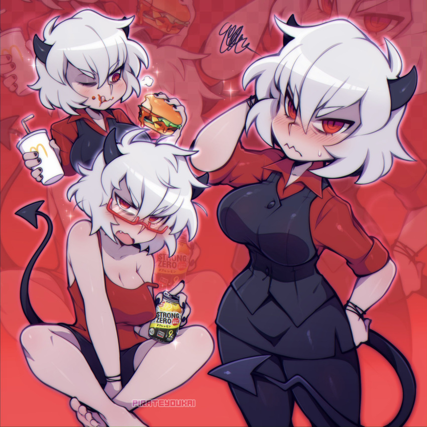 1girl artist_name black_pants black_skirt black_vest blush breasts can demon_girl demon_horns demon_tail eating food formal glasses hamburger helltaker highres holding holding_can horns indian_style large_breasts malina_(helltaker) mcdonald's messy_hair multiple_views pants red_eyes red_shirt sami_(pirateyoukai) shirt short_hair sitting skirt skirt_suit standing suit sweatdrop tail vest white_hair