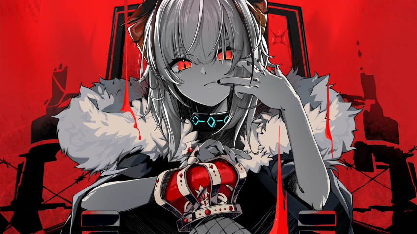 1girl :| arknights bangs black_nails blunt_bangs chinese_commentary choker closed_mouth commentary_request crossed_legs crown crown_removed di_mao_mou expressionless fishnet_legwear fishnets fur_collar hair_between_eyes head_tilt headwear_removed highres horns king_(vocaloid) looking_at_viewer parody red_background red_eyes red_theme rhodes_island_logo short_hair sidelocks silver_hair sitting slit_pupils solo w_(arknights)