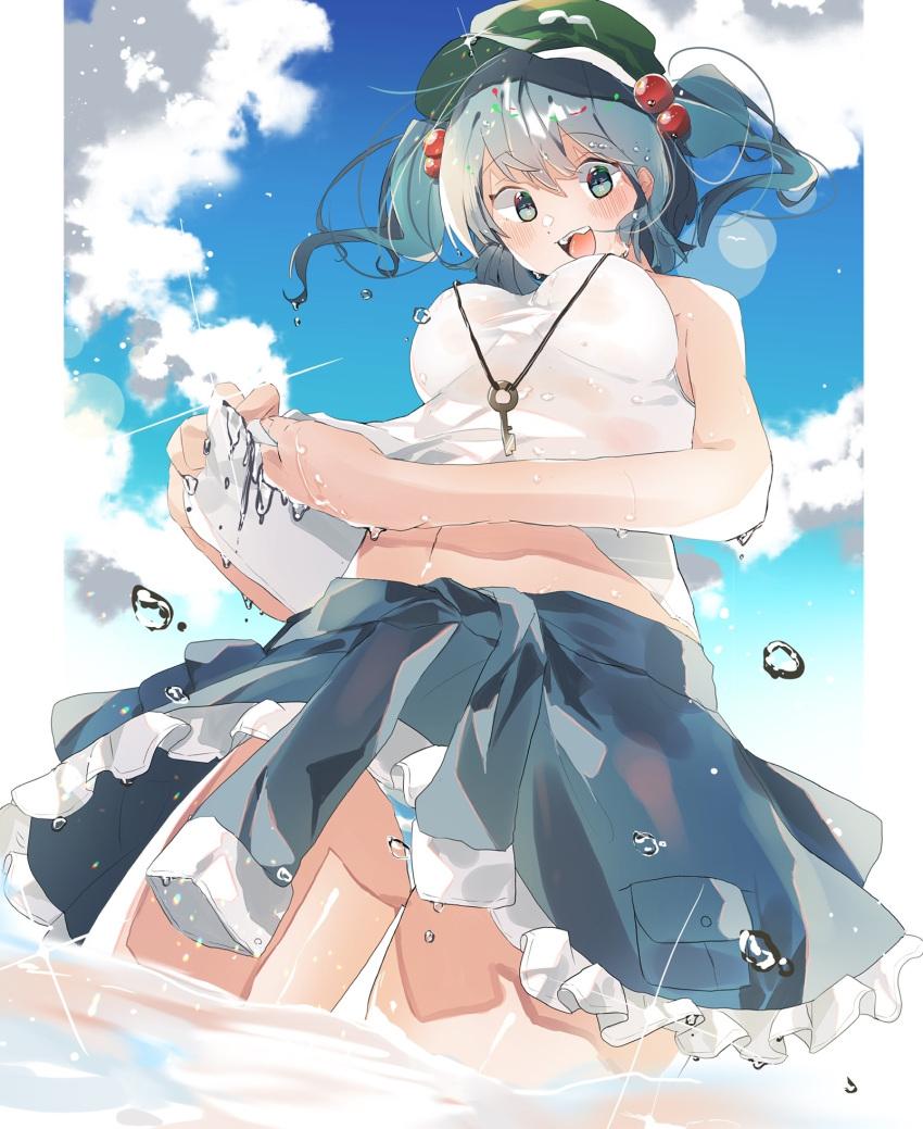 1girl blue_eyes blue_hair blue_skirt blue_sky breasts clothes_around_waist clouds day from_below gominami highres jacket jacket_around_waist kawashiro_nitori large_breasts medium_hair outdoors panties partially_submerged shirt short_twintails skirt sky sleeveless sleeveless_shirt solo striped striped_panties touhou twintails underwear water wet wet_clothes wet_shirt white_shirt