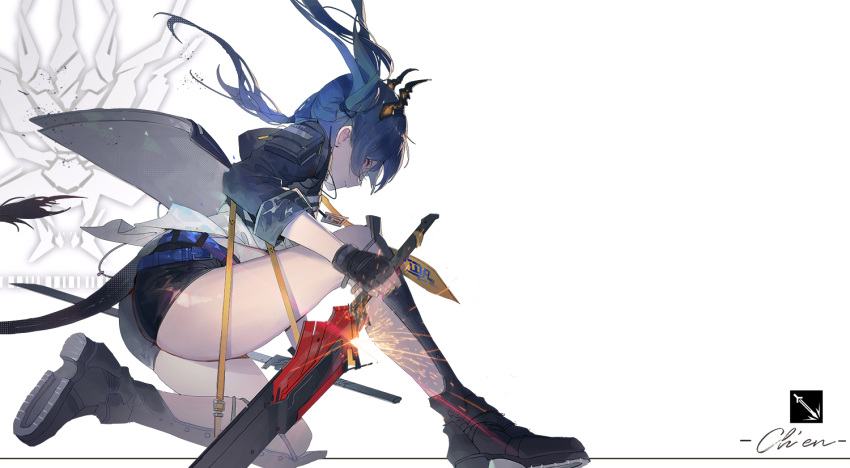 1girl arknights bangs black_footwear black_gloves black_jacket black_shorts blue_hair ch'en_(arknights) character_name closed_mouth dragon_horns dragon_tail fingerless_gloves from_side gloves holding horns jacket kuroduki_(pieat) looking_at_viewer low_twintails one_knee profile red_eyes shin_guards shorts simple_background solo sword tail twintails weapon