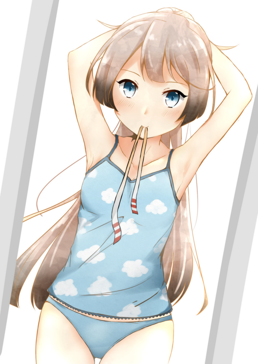1girl absurdres arms_behind_head arms_up blue_camisole blue_panties brown_hair camisole collarbone commentary_request cowboy_shot flat_chest grey_eyes hair_ribbon highres holding holding_hair kantai_collection kazagumo_(kantai_collection) kure_jirou long_hair looking_at_viewer mouth_hold panties ponytail ribbon solo standing underwear underwear_only
