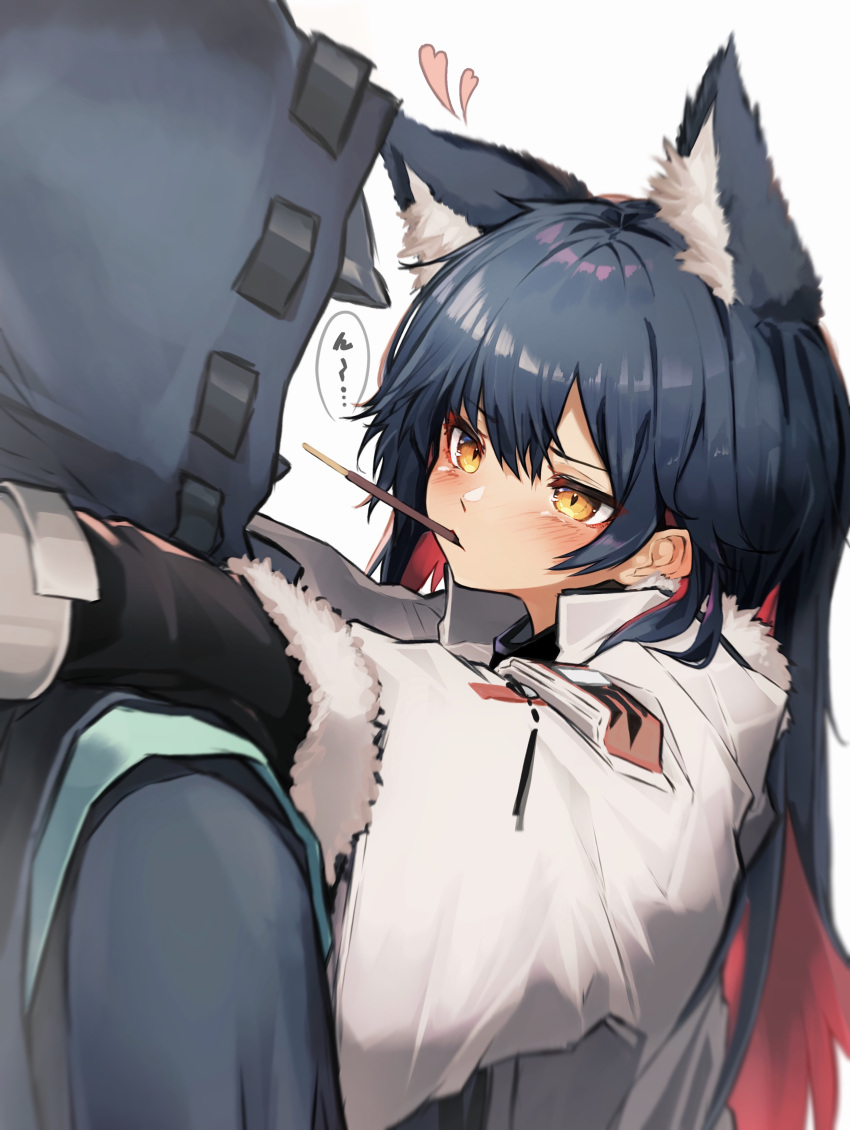 1boy 1girl absurdres animal_ears arknights black_hair blush commentary_request doctor_(arknights) eyebrows_visible_through_hair food fur_trim heart hetero highres long_hair long_sleeves looking_at_another mouth_hold multicolored_hair pocky redhead simple_background tab_head texas_(arknights) two-tone_hair white_background yellow_eyes