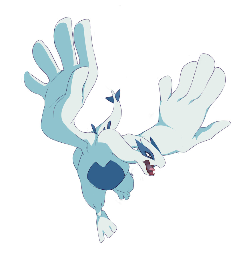 commentary commission creature english_commentary fangs full_body gen_2_pokemon highres legendary_pokemon lugia no_humans pokemon pokemon_(creature) salanchu signature simple_background solo tongue white_background