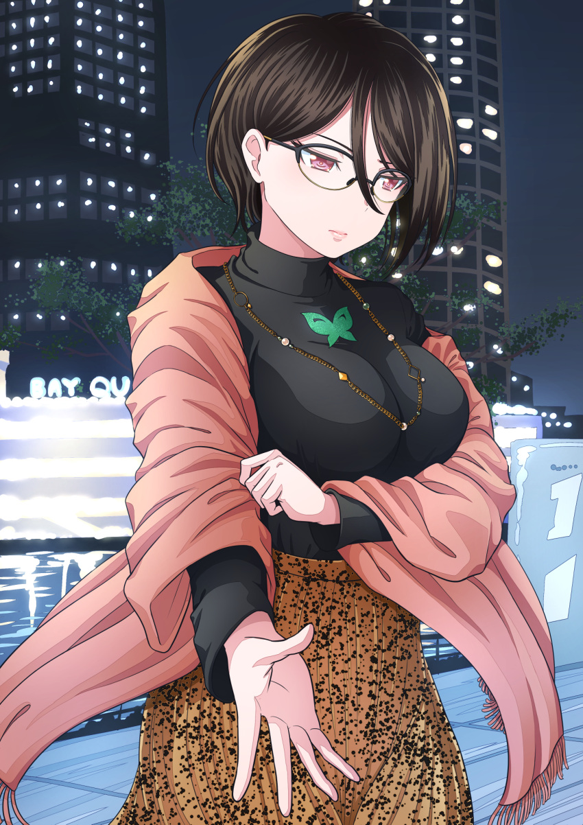 1girl animal_print asymmetrical_hair bang_dream! bangs bespectacled black-framed_eyewear black_hair black_sweater breasts brown_skirt building butterfly_print closed_mouth commentary_request cowboy_shot eyebrows_behind_hair glasses hair_between_eyes highres impossible_clothes jewelry kitayu large_breasts long_skirt long_sleeves looking_away necklace night outdoors pink_eyes pink_shawl reaching_out shawl short_hair single_sidelock skirt skyscraper solo standing sweater sweater_tucked_in tree turtleneck turtleneck_sweater yashio_rui yokohama