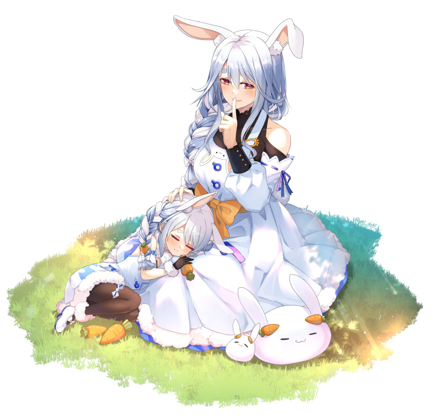 absurdres animal_ears apron bare_shoulders black_gloves black_legwear black_shirt blue_hair blush bow braid carrot_hair_ornament closed_eyes commentary detached_sleeves don-chan_(usada_pekora) dress eki_doki finger_to_mouth food_themed_hair_ornament fur-trimmed_dress fur-trimmed_footwear fur-trimmed_gloves fur_trim gloves grass hair_ornament hand_on_another's_head highres hololive lap_pillow long_hair mary_janes mother_and_daughter multicolored_hair nousagi_(usada_pekora) off_shoulder pantyhose pekomama puffy_sleeves rabbit rabbit_ears rabbit_girl red_eyes ribbon shirt shoes signature simple_background single_braid sleeping smile twin_braids two-tone_hair usada_pekora virtual_youtuber white_background white_dress white_footwear white_hair yellow_bow yellow_ribbon younger