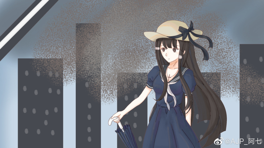 1girl ajp_ahqi black_hair blue_dress brown_eyes chinese_commentary collarbone commentary_request cross cross_necklace dress hat highres holding holding_umbrella iowa_(pacific) jewelry long_hair necklace pacific puffy_short_sleeves puffy_sleeves sailor_dress short_sleeves sun_hat umbrella weibo_username white_headwear