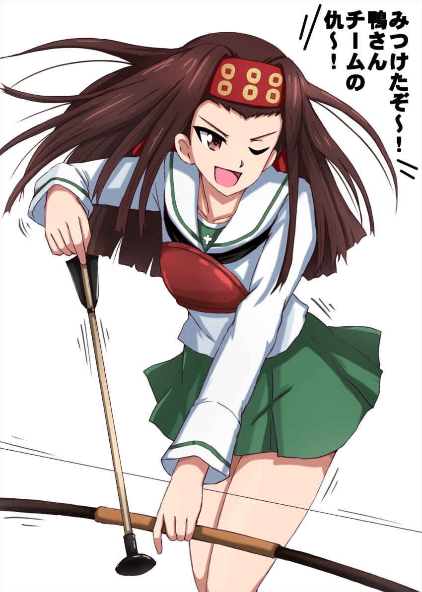 1girl ;d arrow_(projectile) black_neckwear blouse blue_jacket bow_(weapon) brown_eyes brown_hair commentary girls_und_panzer green_skirt headband highres holding holding_arrow holding_bow_(weapon) holding_weapon jacket long_hair long_sleeves looking_to_the_side miniskirt motion_lines muneate neckerchief omachi_(slabco) one_eye_closed ooarai_school_uniform open_mouth pleated_skirt red_headband saemonza_(girls_und_panzer) sailor_collar school_uniform serafuku simple_background skirt smile solo standing straight_hair translated weapon white_background white_blouse white_sailor_collar