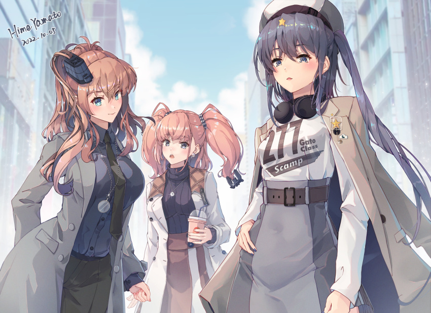 3girls alternate_costume anchor_hair_ornament artist_name atlanta_(kancolle) black_hair blue_eyes blue_shirt breasts character_name closed_mouth cup dated grey_eyes grey_jacket hair_ornament hand_on_hip headgear headphones headphones_around_neck highres himeyamato holding holding_cup jacket jewelry kantai_collection large_breasts long_hair long_sleeves looking_at_viewer multiple_girls necklace open_mouth outdoors redhead saratoga_(kancolle) scamp_(kancolle) shirt short_hair two_side_up violet_eyes white_jacket