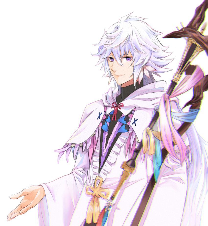 1boy bangs beckoning bishounen cape fate/grand_order fate_(series) hair_between_eyes highres holding holding_staff light_smile long_hair long_sleeves looking_at_viewer male_focus merlin_(fate) okuno_naru_(exoprsa) robe simple_background solo staff upper_body very_long_hair violet_eyes white_background white_cape white_hair