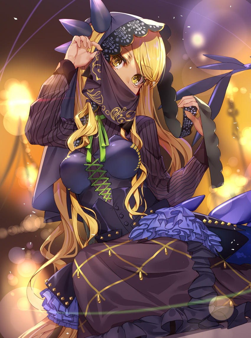 1girl anklet armlet bangs black_dress blonde_hair bracelet breasts brown_eyes dragon_girl dragon_horns dragon_tail dress facial_mark fate/grand_order fate_(series) green_ribbon grin highres horns jewelry large_breasts long_hair long_sleeves looking_at_viewer mouth_veil neck_ribbon neck_ring polearm renka_(renkas) ribbon smile spear swept_bangs tail veil vritra_(fate) weapon