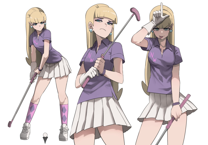 1girl ball bangs blonde_hair blue_eyes bracelet closed_mouth disdain earrings frown gloves golf_ball golf_club gravity_falls highres jewelry jourd4n kneehighs long_hair looking_at_viewer pacifica_northwest putter shirt shoes simple_background single_glove skirt sneakers t-shirt tongue tongue_out white_footwear white_gloves