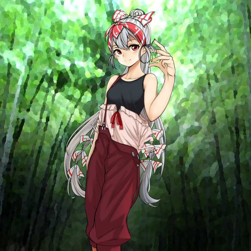 1girl alternate_hairstyle bandana bare_shoulders black_shirt blush bow breasts collarbone commentary_request forest fujiwara_no_mokou ginji74 grey_hair hair_bow hair_ribbon highres light_smile long_hair looking_at_viewer medium_breasts nature pants pink_shirt red_bandana red_eyes red_pants ribbon shirt shirt_down sleeveless sleeveless_shirt solo suspenders suspenders_hanging touhou tress_ribbon twintails very_long_hair white_bow