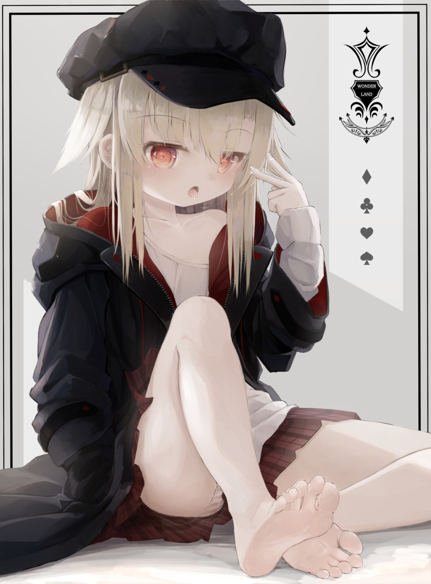 1girl bangs barefoot blonde_hair cabbie_hat eyebrows_visible_through_hair grey_background hat highres jacket loli long_hair looking_at_viewer open_clothes open_jacket open_mouth original panties pleated_skirt red_eyes saliva saliva_trail sitting skirt striped striped_panties underwear utatanecocoa v