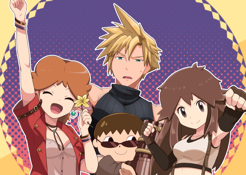2boys 2girls absurdres aerith_gainsborough aerith_gainsborough_(cosplay) animal_crossing arm_up barret_wallace barret_wallace_(cosplay) bolo_tie brown_hair cloud_strife confused cosplay dress final_fantasy final_fantasy_vii final_fantasy_vii_remake highres jacket leaf_(pokemon) super_mario_bros. multiple_boys multiple_girls pink_dress pokemon pokemon_(game) pokemon_frlg princess_daisy red_jacket saon101 smile sunglasses suspenders tank_top tifa_lockhart tifa_lockhart_(cosplay) villager_(animal_crossing)