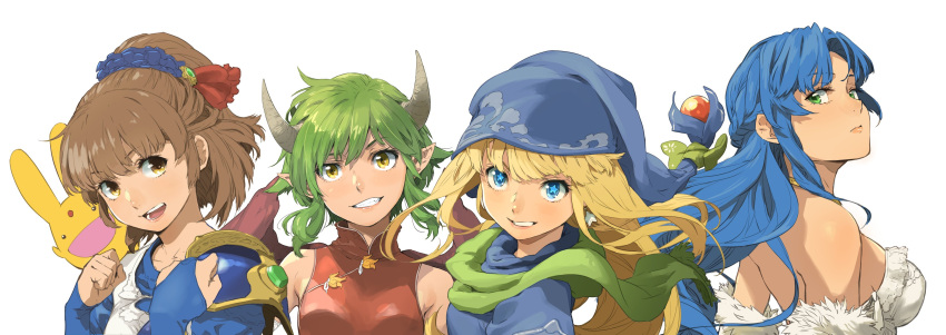 4girls :d absurdres bare_shoulders blonde_hair blue_eyes blue_hair breasts brown_hair character_request copyright_request enami_katsumi green_eyes green_hair highres medium_breasts multiple_girls open_mouth smile upper_body white_background yellow_eyes