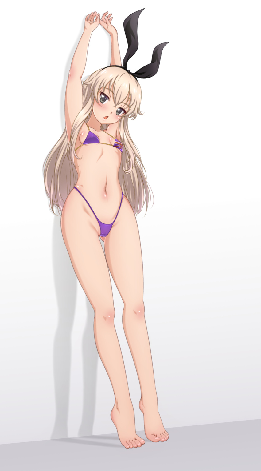 1girl arms_up ass_visible_through_thighs bangs barefoot bikini black_eyes black_hairband blonde_hair breasts commentary commission eyebrows_visible_through_hair feet flag_print full_body gradient gradient_background grey_background hairband highleg highleg_bikini highres kantai_collection legs long_hair navel open_mouth p-nekoe purple_bikini shimakaze_(kantai_collection) simple_background small_breasts solo swimsuit tiptoes toes union_jack