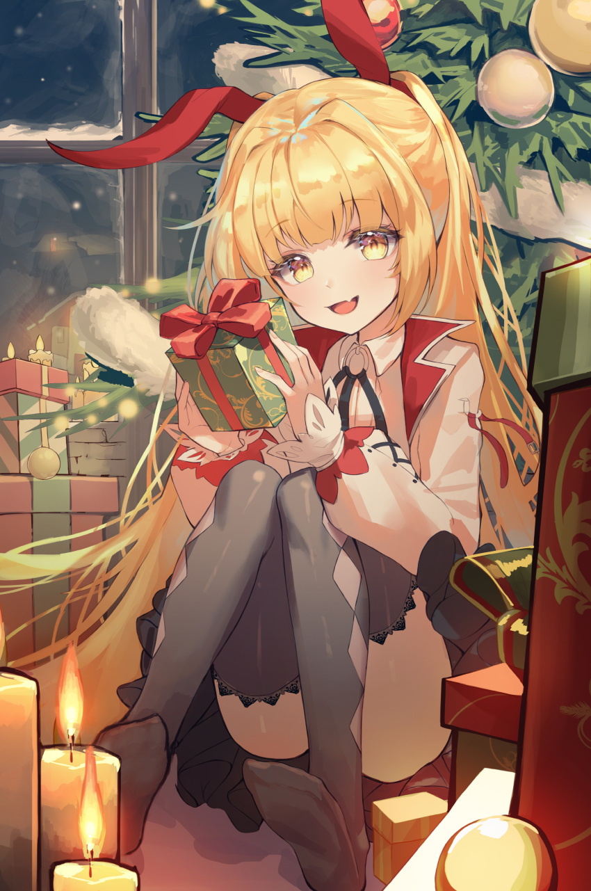 1girl :d absurdres animal_ears bangs blonde_hair box candle christmas christmas_ornaments christmas_tree collared_shirt commentary english_commentary eyebrows_visible_through_hair fang fire gift gift_box grey_legwear hands_up highres holding holding_gift indoors jacket long_hair long_sleeves looking_at_viewer no_shoes open_clothes open_jacket open_mouth original puffy_long_sleeves puffy_sleeves rabbit_ears shirt sleeves_past_wrists smile soles solo thigh-highs very_long_hair white_jacket white_shirt window yellow_eyes zain_(jiha3905)
