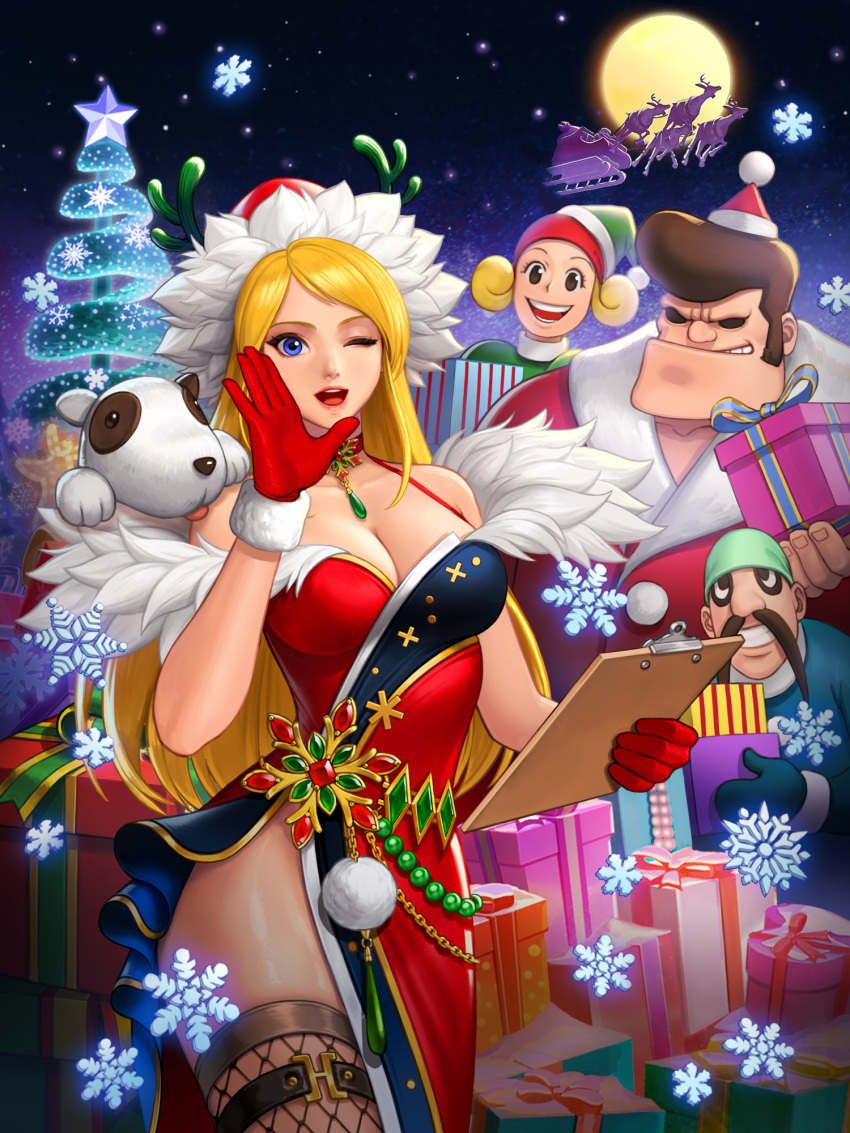 alternate_costume antlers blonde_hair bonne_jenet christmas christmas_ornaments christmas_tree dress fatal_fury fur-trimmed_dress fur-trimmed_gloves fur-trimmed_headwear fur_trim gloves hat highres holly mark_of_the_wolves merry_christmas official_art red_dress red_gloves red_headwear reindeer reindeer_antlers santa_claus santa_hat sleigh snk the_king_of_fighters the_king_of_fighters_all-stars thigh-highs