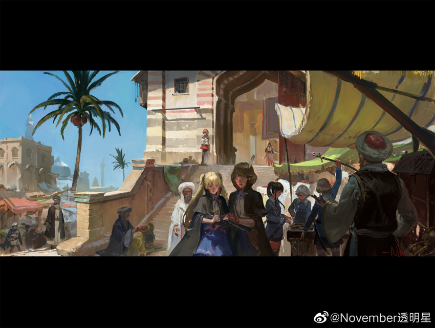 4boys 6+girls blonde_hair brown_hair character_request chinese_commentary cloak commentary_request day eyepatch feathers hair_feathers highres holding holding_sword holding_weapon jeanex kantai_collection kiso_(kantai_collection) letterboxed long_sleeves multiple_boys multiple_girls northampton_(pacific) pacific palm_tree redhead short_hair side_ponytail silver_hair stairs sword tree turban twintails uss_chester_(ca-27) uss_louisville_(ca-28) uss_nevada_(bb-36) uss_oklahoma_(bb-37) weapon weibo_username