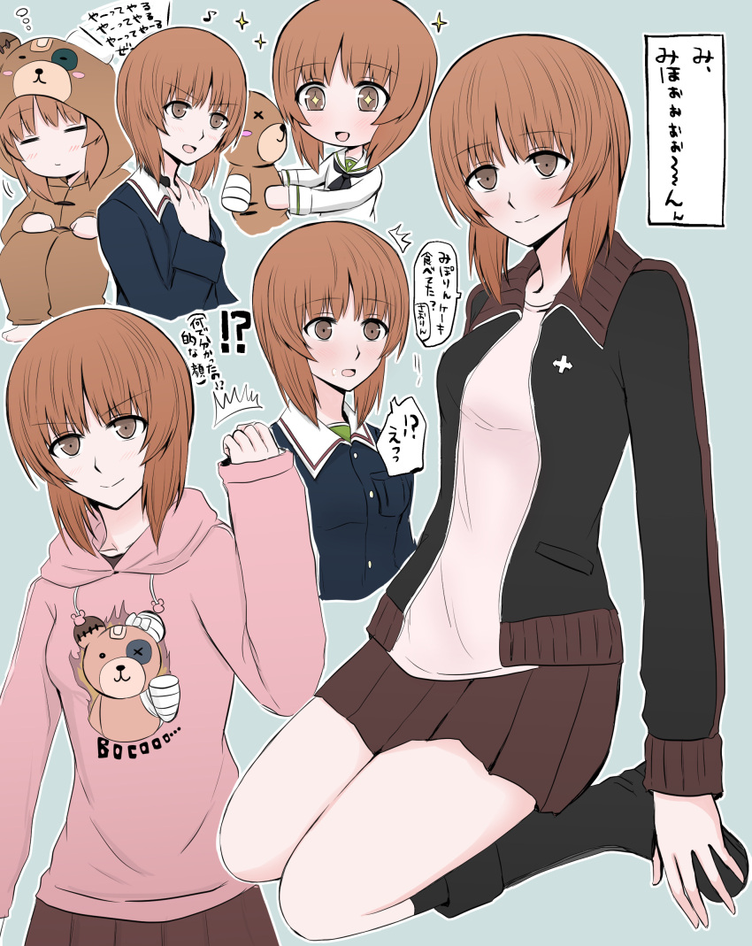 !? +_+ 1girl ^^^ absurdres adapted_uniform akumano_riddle animal_costume animal_hood animal_print bandaid bangs bear_costume bear_hood bear_print black_footwear black_legwear blue_jacket blush boko_(girls_und_panzer) boots brown_eyes brown_hair chibi clenched_hand closed_eyes cropped_torso drawstring eighth_note eyebrows_visible_through_hair food food_on_face girls_und_panzer girls_und_panzer_ribbon_no_musha girls_und_panzer_senshadou_daisakusen! green_background green_shirt hand_on_own_throat highres holding holding_stuffed_toy hood hood_down hood_up hoodie jacket kneeling kuromorimine_military_uniform long_sleeves looking_at_viewer looking_to_the_side military military_uniform miniskirt motion_lines musical_note nishizumi_miho onesie ooarai_military_uniform open_clothes open_jacket open_mouth outline pink_shirt pleated_skirt red_skirt shirt short_hair simple_background sitting skirt sleeping smile socks sparkle standing stuffed_toy sweatdrop throat_microphone track_jacket uniform white_outline