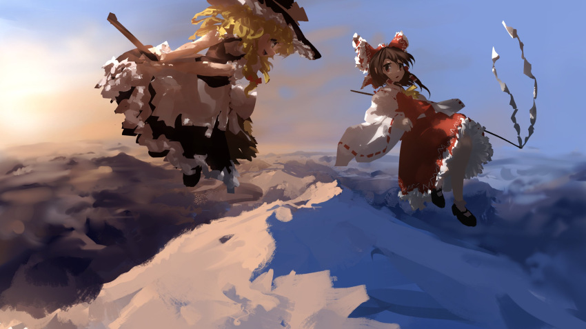 2girls apron black_dress black_footwear black_headwear blonde_hair bow broom broom_riding brown_hair clouds day detached_sleeves dress flying gohei gradient_sky hair_bow hair_tubes hakurei_reimu hat hat_bow highres holding holding_stick kirisame_marisa long_hair looking_at_another mary_janes mountain multiple_girls petticoat profile puffy_short_sleeves puffy_sleeves red_bow red_dress ribbon-trimmed_sleeves ribbon_trim shoes short_sleeves sitting sky socks stick sun touhou ushitsuchi wavy_hair white_bow white_legwear wide_sleeves witch_hat