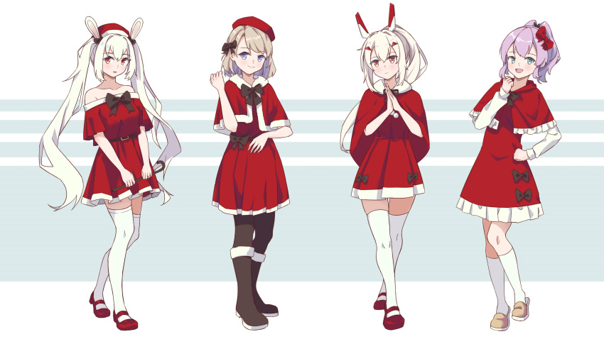 4girls :d absurdres alternate_costume animal_ears ayanami_(azur_lane) azur_lane bangs bare_shoulders black_footwear black_legwear blue_eyes boots bow bowtie brown_footwear brown_hair christmas commentary_request dress eyebrows_visible_through_hair fake_animal_ears full_body green_eyes hair_between_eyes hair_bow hair_ornament hair_ribbon hairclip hat headgear highres iron_cross javelin_(azur_lane) knee_boots kneehighs laffey_(azur_lane) long_hair looking_at_viewer mary_janes multiple_girls off-shoulder_dress off_shoulder open_mouth orange_eyes own_hands_together pantyhose ping_zhong_yu ponytail purple_hair rabbit_ears red_dress red_eyes red_footwear retrofit_(azur_lane) ribbon shoes short_hair silver_hair simple_background smile thigh-highs twintails two-tone_background white_hair white_legwear z23_(azur_lane) zettai_ryouiki